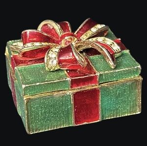 Vintage Monet Enameled Green & Red Gift-Wrapped Package Trinket Box